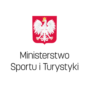 Biały orzeł w koronie na bczerwonym tle, napis Ministerstwo Sportu i Turystyki.