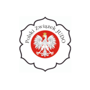 Biały orzeł w koronie w czerwonym kole Napis Polski Związek Judo, ramka w kształcie kwiatu wiśni.